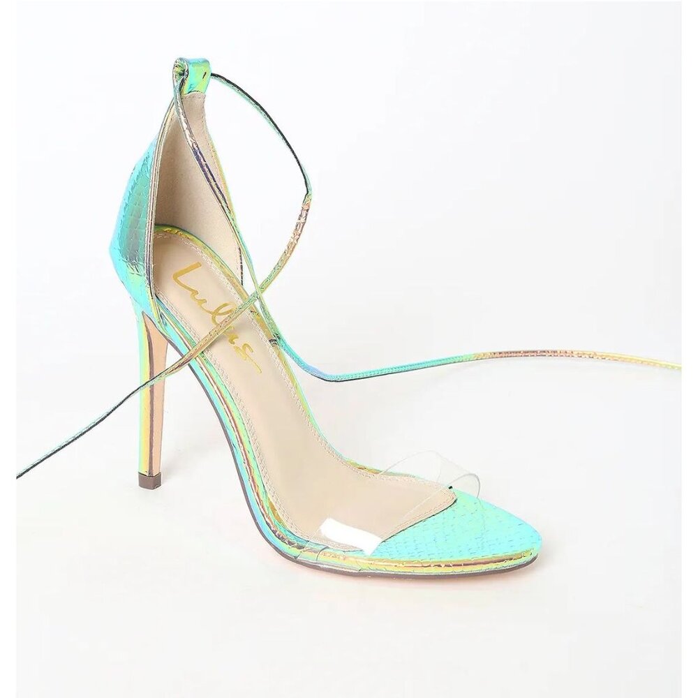 NEW Lulus SZ 7 Ledah Hologram Snake Lace Up Stiletto Heels Iridescent Tie Clear